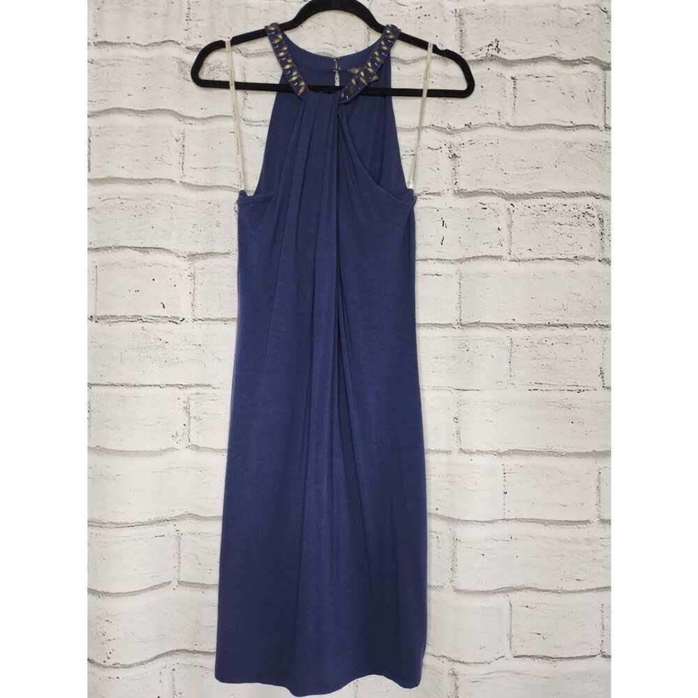 Tommy Bahama Beadef Neck Drapey Solid Blue Midi Dress Small Stretchy